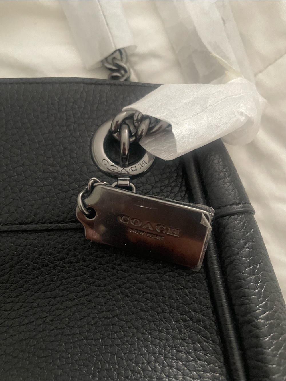 Coach Black Leather Shoulder Bag with Silver-Tone Chain and Leather Handles - Picture 2 of 7